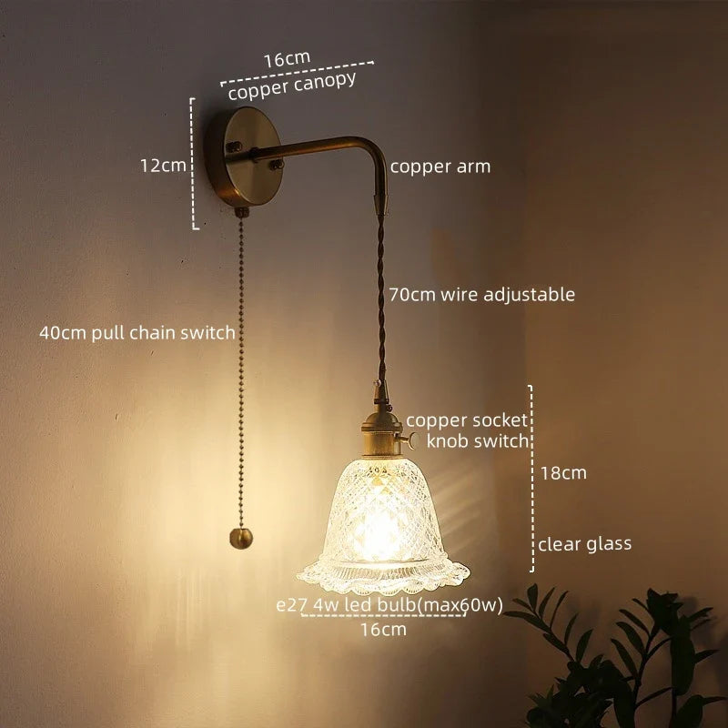 Afralia™ Vintage Copper Glass LED Wall Light with Pull Chain Switch for Dining Room Bedroom