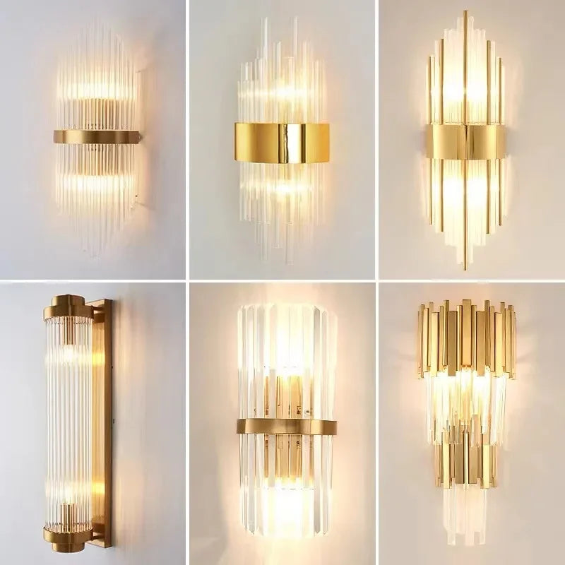 Afralia™ Luxury Crystal Glass Wall Sconce Light Fixture Gold for Bedroom Living Room