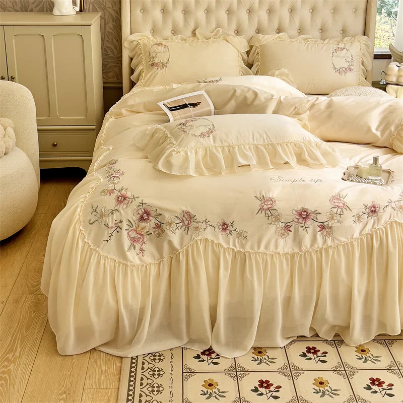 Afralia™ Beige Pink Lace Embroidery Bedding Set Egyptian Cotton Quilt Duvet Cover Sheet