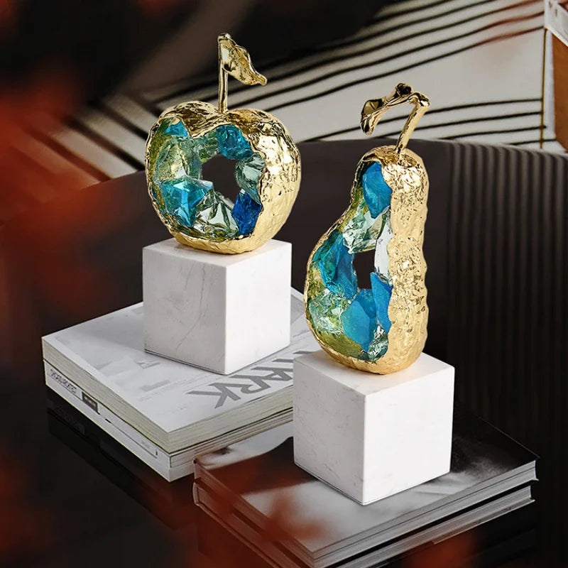 Afralia™ Crystal Fruit Sculpture Set: Golden Apple & Pear Handicrafts for Home Decoration