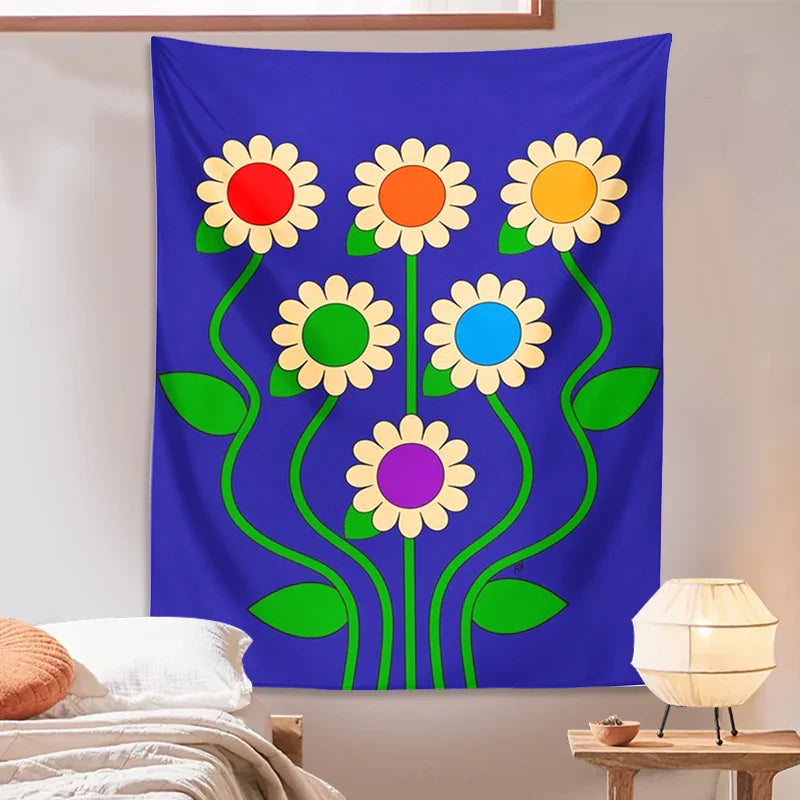 Afralia™ Blue Vintage Daisy Tapestry Wall Hanging Psychedelic Floral Home Decor Art