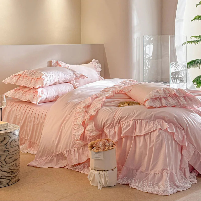 Afralia™ Pink Lace Ruffles Princess Style Cotton Bedding Set with Bed Skirt and Pillowcases