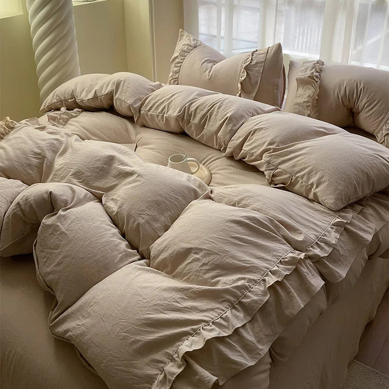 Afralia™ Korean Princess Ruffles Bedding Set - Soft Microfiber, Duvet Cover Pillowcases - All Sizes