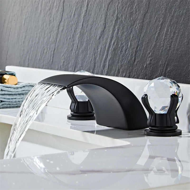 Afralia™ Black Basin Faucet: Brass Gold Crystal Sink Faucet, 3 Hole Waterfall Tap