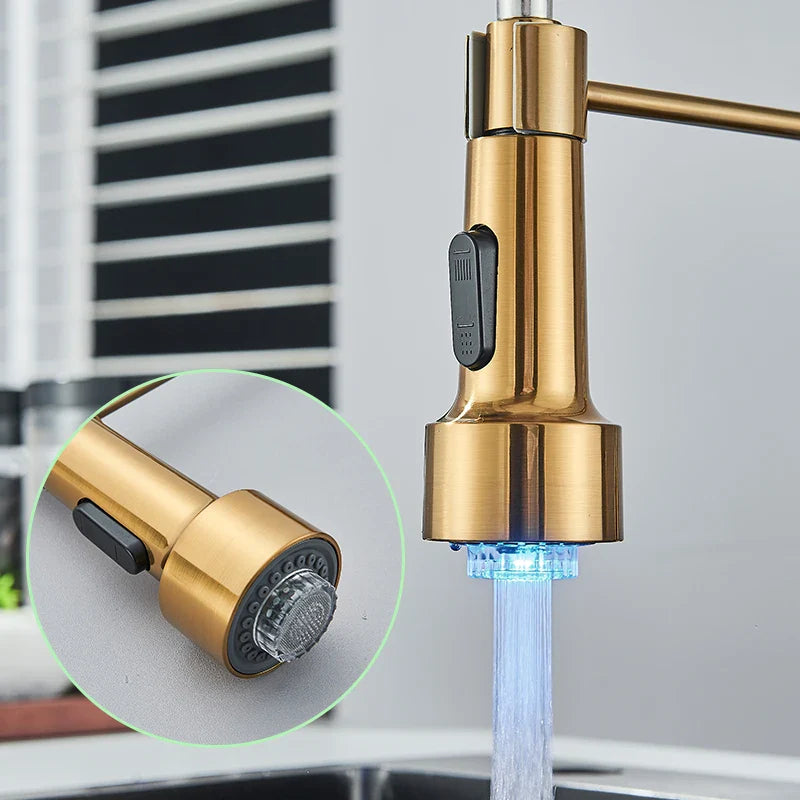 Afralia™ Brushed Gold LED Kitchen Faucet: Single Handle Pull-down Spring Sink Tap
