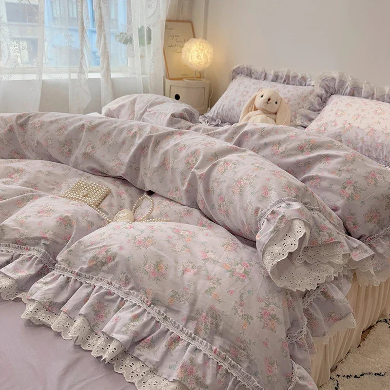 Afralia™ Princess Style Lace Ruffles Bedding Set - 100% Cotton, 3/4Pcs, Korean Design
