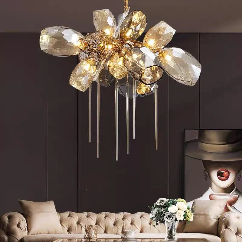 Afralia™ Modern Luxury Villa Glass Chandelier Living Room Metal Chandelier Lighting Fixtures