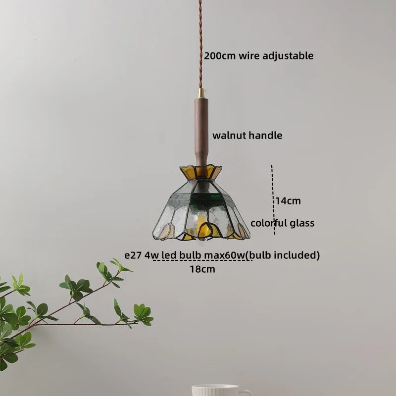 Afralia™ Amber Glass LED Pendant Lamp, Copper Walnut Hanging Light Fixture for Home Decor