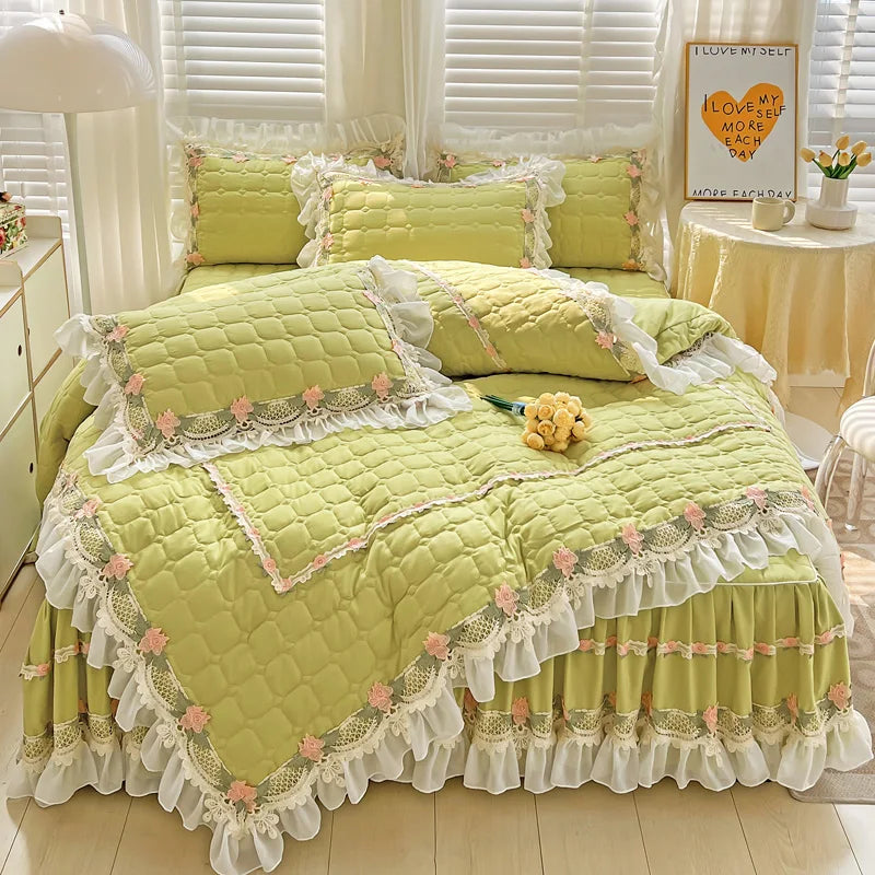Afralia™ Korean Princess Bedding Set: Flowers, Lace, Ruffles, Embroidery, Quilted, Duvet Cover, Bedspread