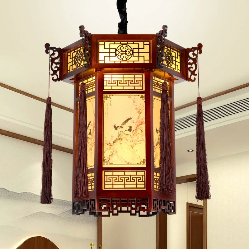 Afralia™ Solid Wood Palace Lantern with Eight Immortals Painting, Bird-and-Flower Art