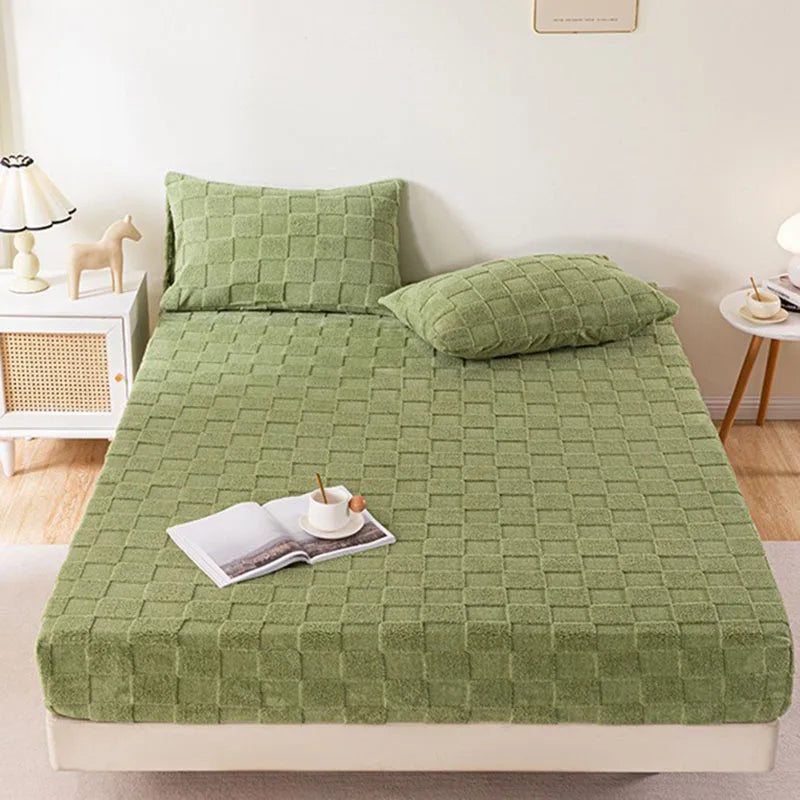Afralia™ Tafu Velvet Fitted Sheet Coral Fleece Anti-Slip Bed Cover Grid Jacquard