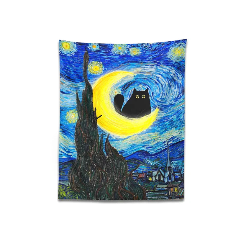 Afralia™ Starry Night Cat Tapestry Moon Cat Art Blanket Wall Hanging