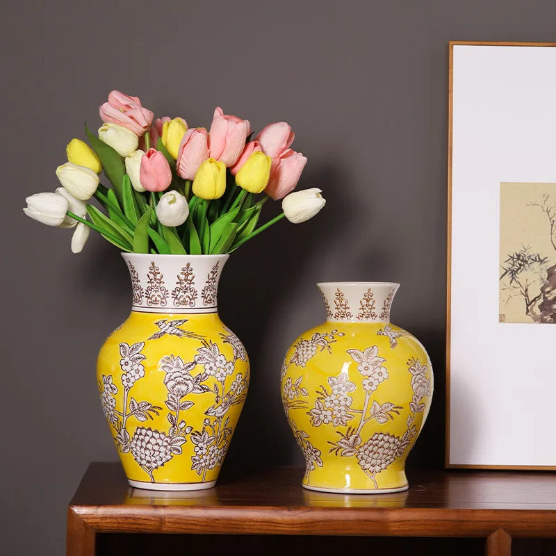 Afralia™ Yellow Ceramic Qinghua Porcelain Vintage Flower Vase