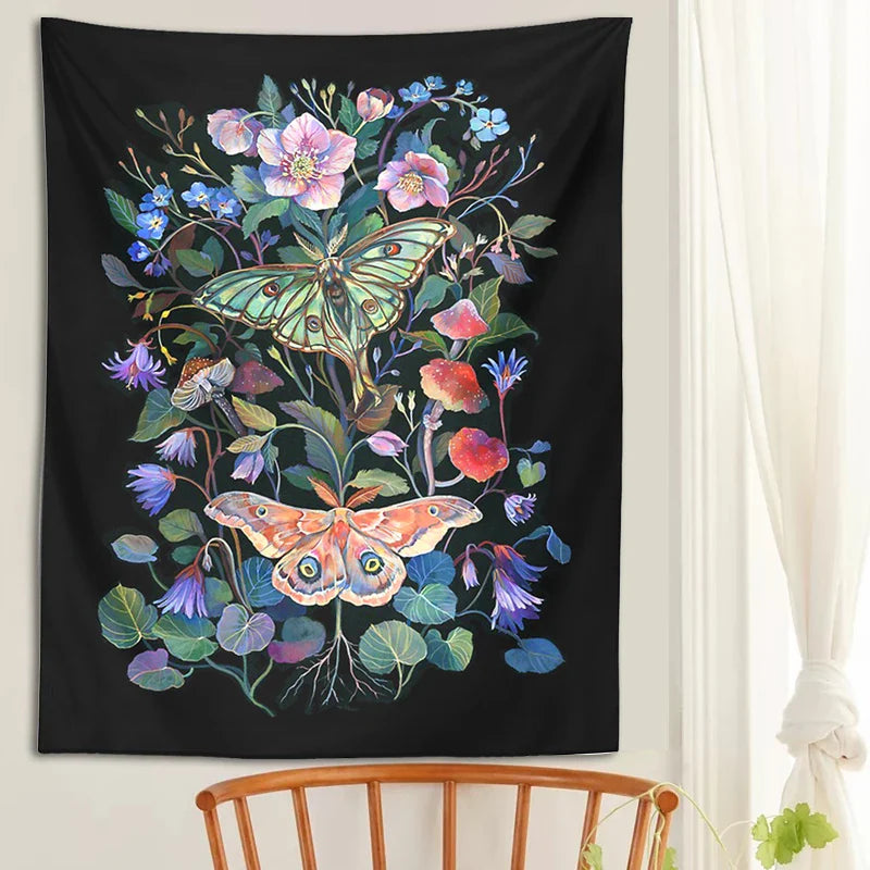 Moon Moth Tapestry Wall Hanging by Afralia™ - Floral Mushroom Witchcraft Wildflowers Dream Decor