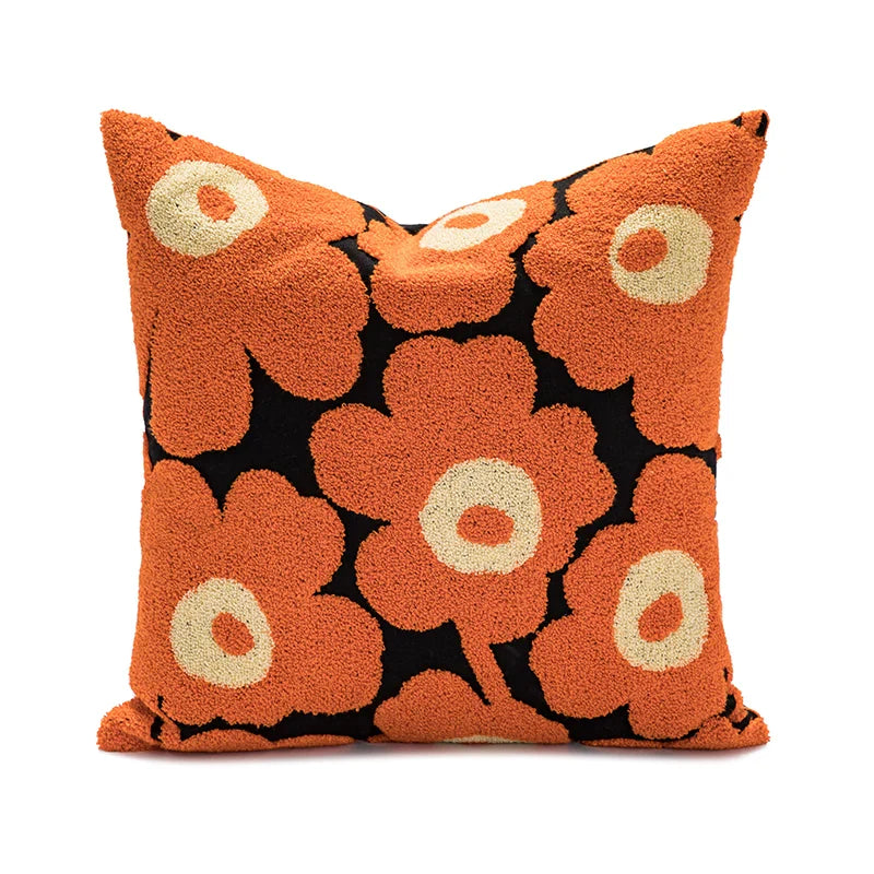 Afralia™ Poppy Floral Embroidered Cushion Cover Blue Orange 45x45cm Home Decor