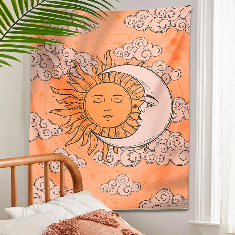 Celestial Sun Moon Tapestry: Vintage Witchy Goddess Print for Retro 70s Vibes by Afralia™