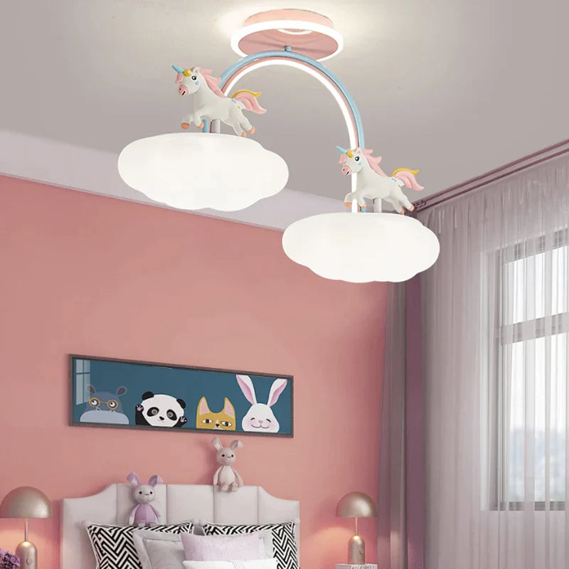 Afralia™ Unicorn Cloud Princess Room Ceiling Light with Remote Control, Pink Chandelier