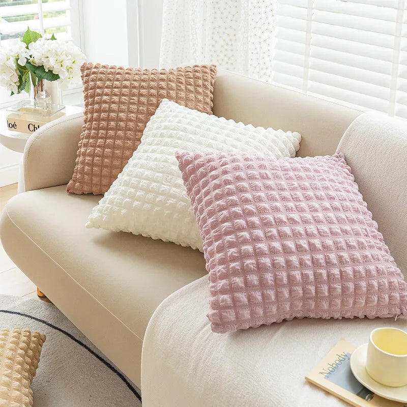 Afralia™ Cream Style Elastic Puff Plaid Cushion Cover 45*45CM Home Decor