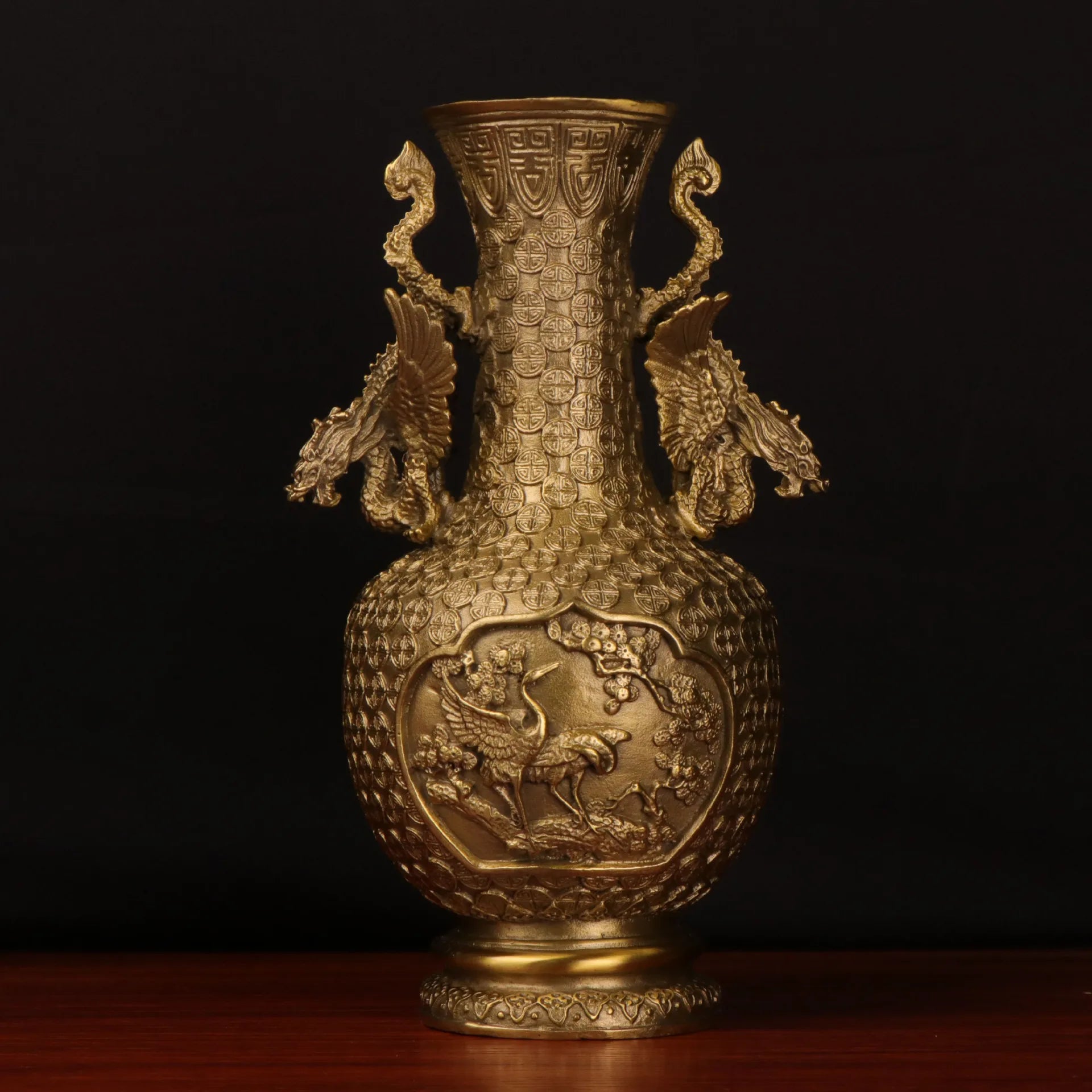 Afralia™ Copper Dragon Phoenix Vase Pair Double Dragon Ears Pine Crane Feng Shui Ornament
