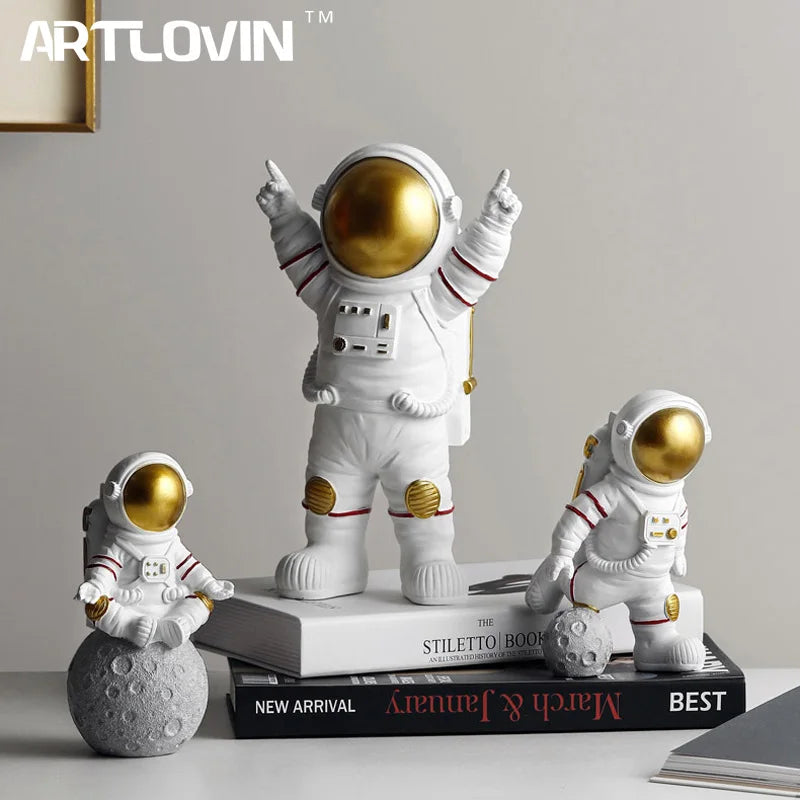 Afralia™ Astronaut Figurines: Modern Spaceman with Moon Sculpture, Perfect Gift for Man & Boyfriend