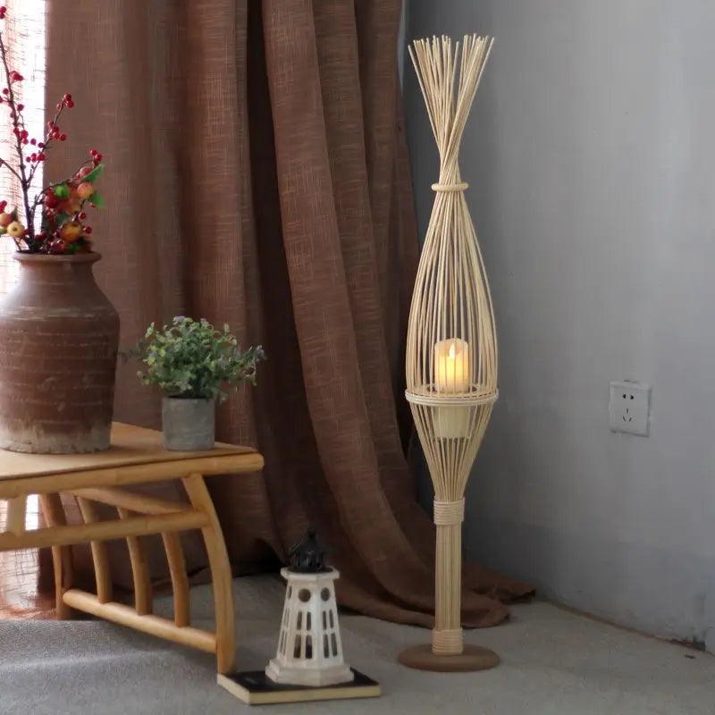 Afralia™ Rattan Bamboo Weaving Floor-to-Ceiling Wind Lamp Candlestick Tea Room Hotel Decoration