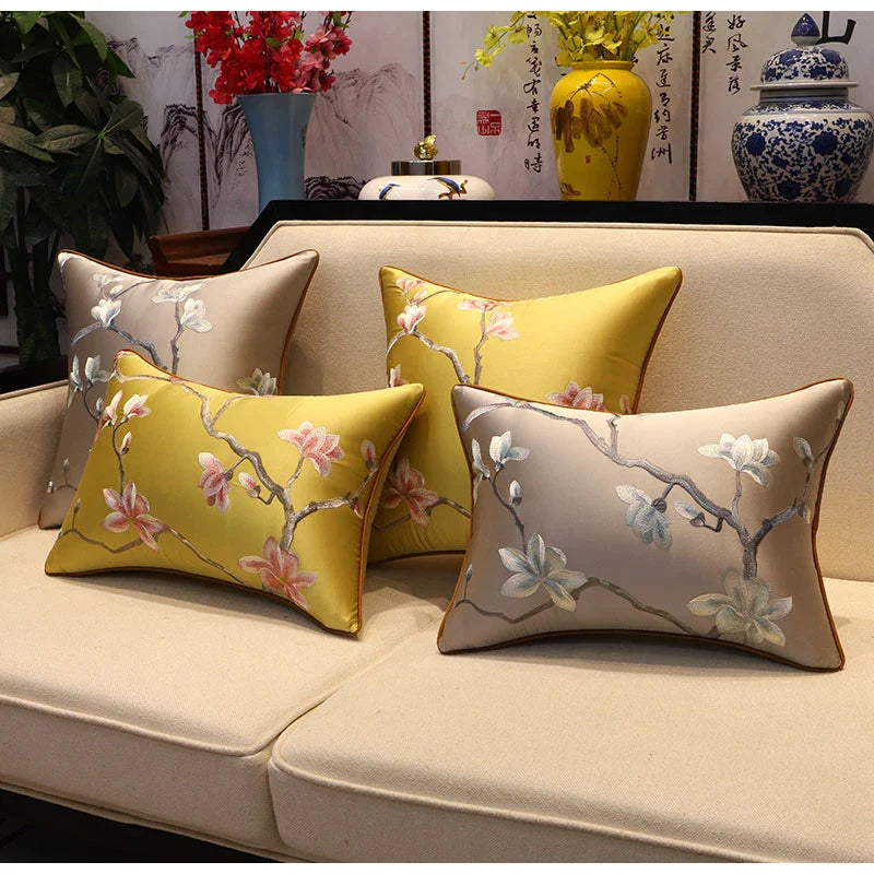 Afralia™ Magnolia Blossom Leaves Embroidery Lumbar Pillow Case for Bed Couch Sofa