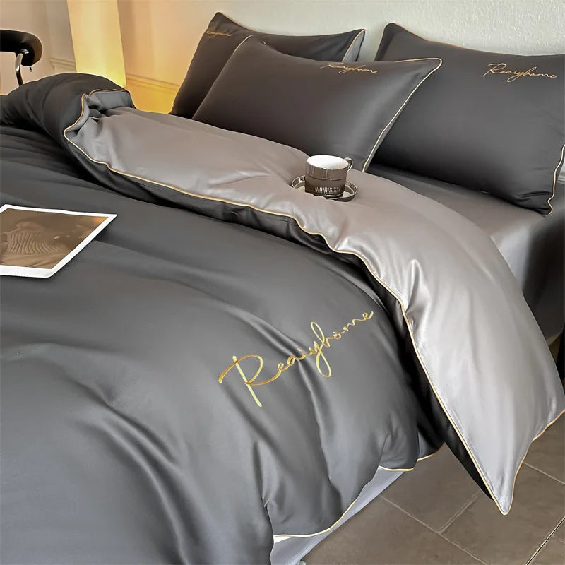 Afralia™ Pure Cotton Luxury Embroidery Bedding Set - Nordic Solid Color Duvet Bedclothes