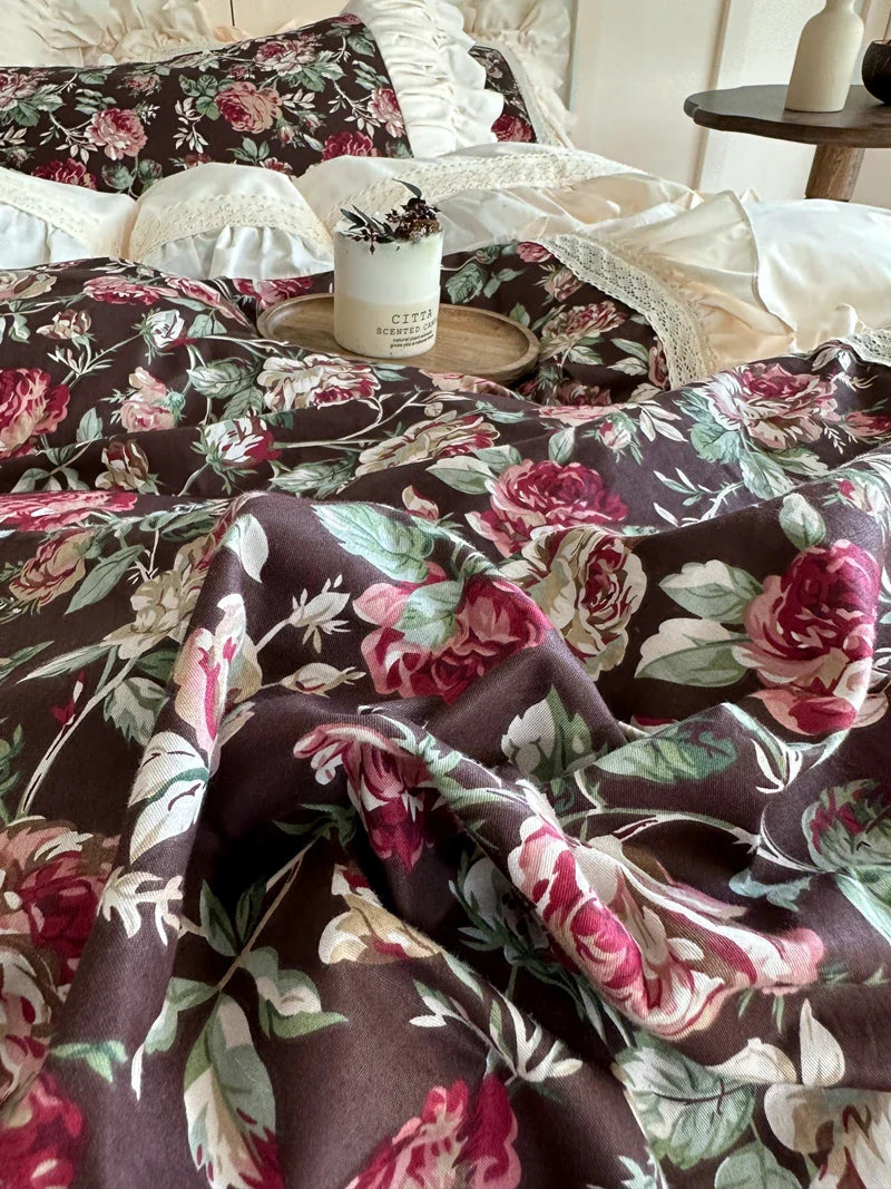 Afralia™ French Rose Flowers Pattern Bedding Set, 100% Cotton, Ruffles, Duvet Cover, Bed Skirt