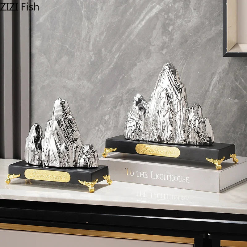 Afralia™ Ceramic Mountain Sculpture Decor - Golden/Silver Landscape Ornament