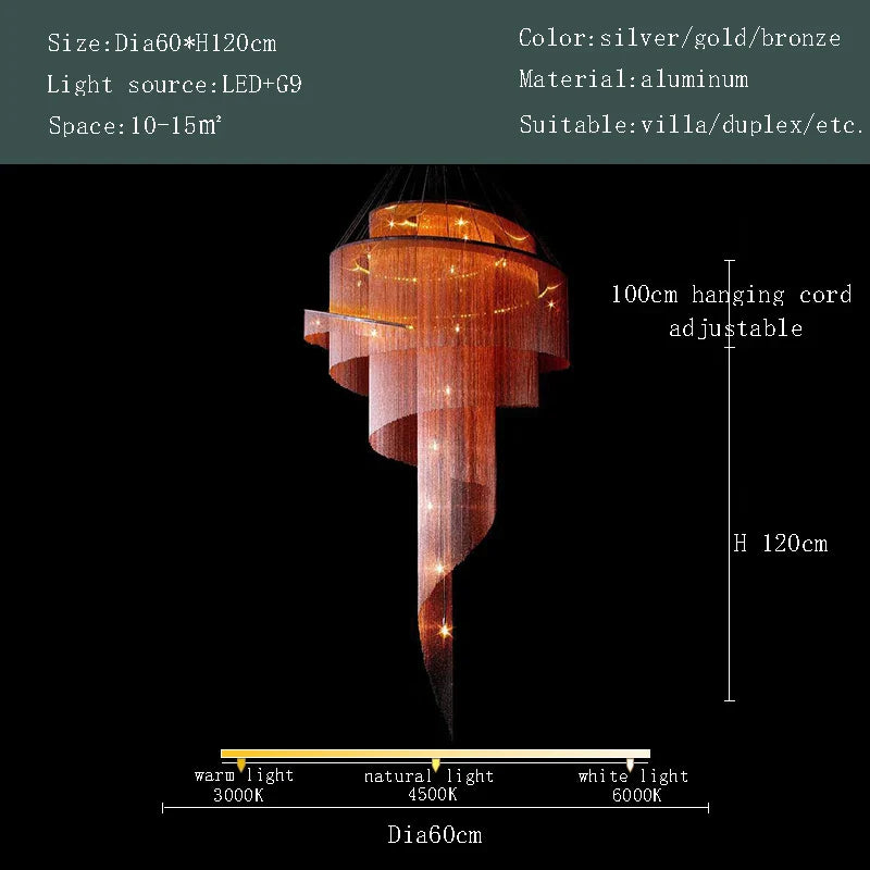 Afralia™ Spiral Staircase Chandelier Tassel Ceiling Light LED Lustres Silver Gold Decor