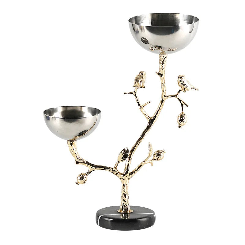 Afralia™ Golden Bird Metal Snack Bowl with Branches and Birds Fruit Platter