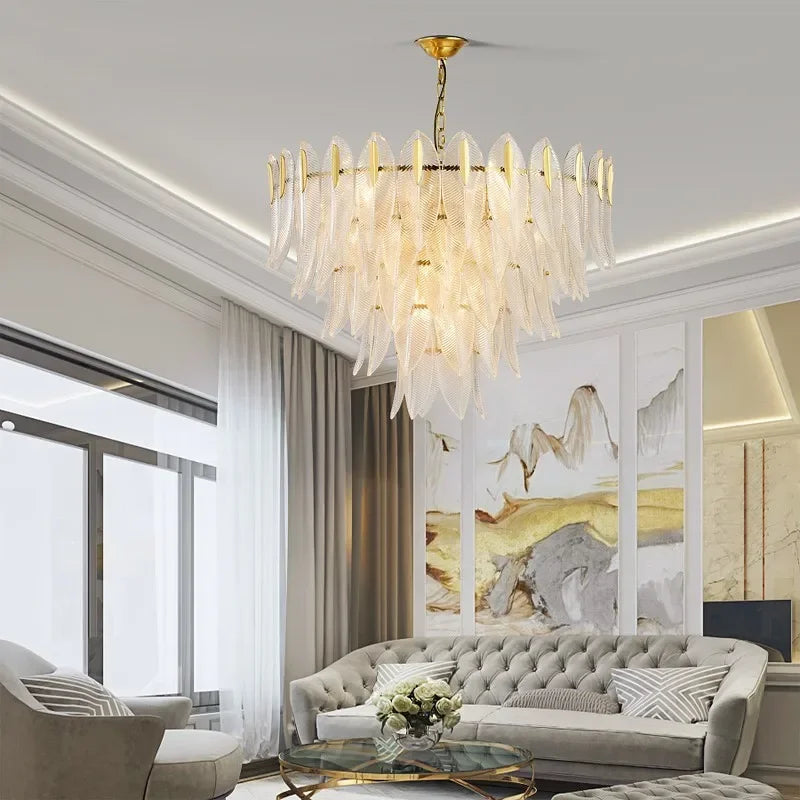 Afralia™ Glass Leaf Luxury Chandelier LED Pendant Lights for Modern Living Room