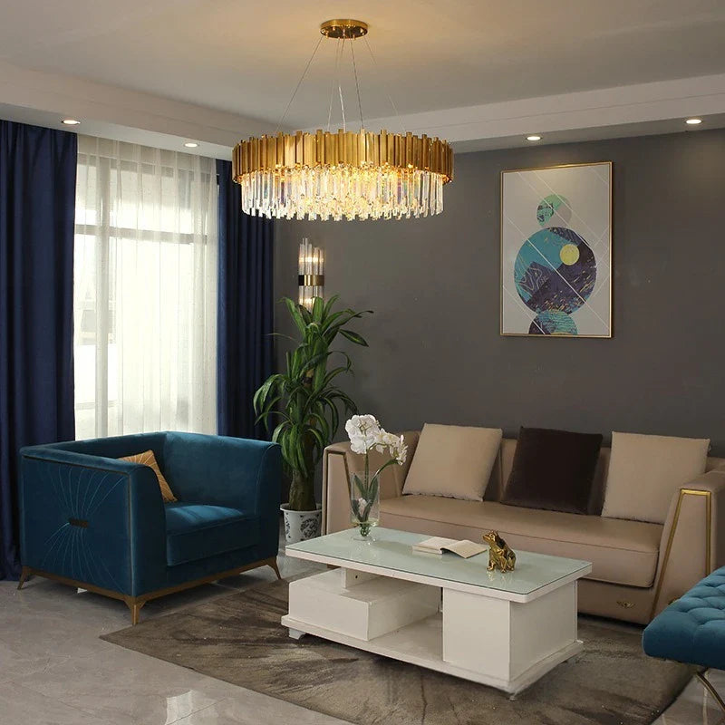 Afralia™ Crystal Gold Chandelier LED Ceiling Pendant for Living Room Bedroom Kitchen Island