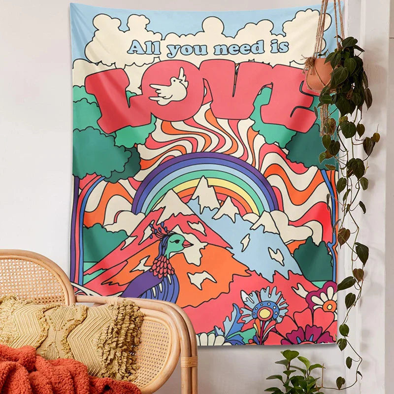 Afralia™ Retro Love Tapestry: 70s Hippie Decor Wall Hanging for Girls Dorm Room