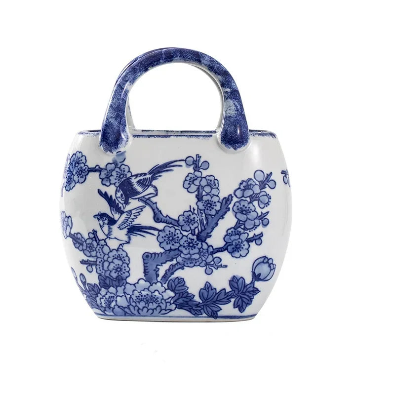 Afralia™ Ceramic Vase Handbag: Blue & White Porcelain Flower Vase Art Craft, Chinese-style Decor
