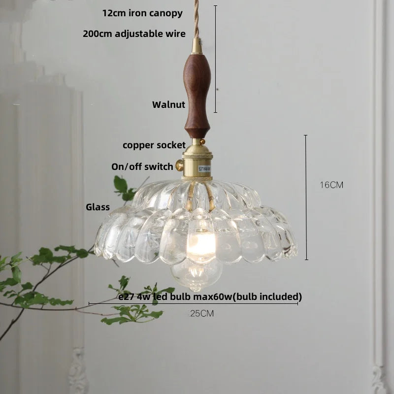 Afralia™ Walnut LED Glass Flower Pendant Light Fixture Adjusts Wire Modern Dining Bathroom
