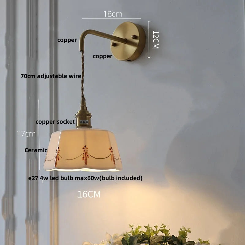 Afralia™ Ceramic Brass LED Wall Light Fixture Pull Chain Switch Bedside Lamp Sconce