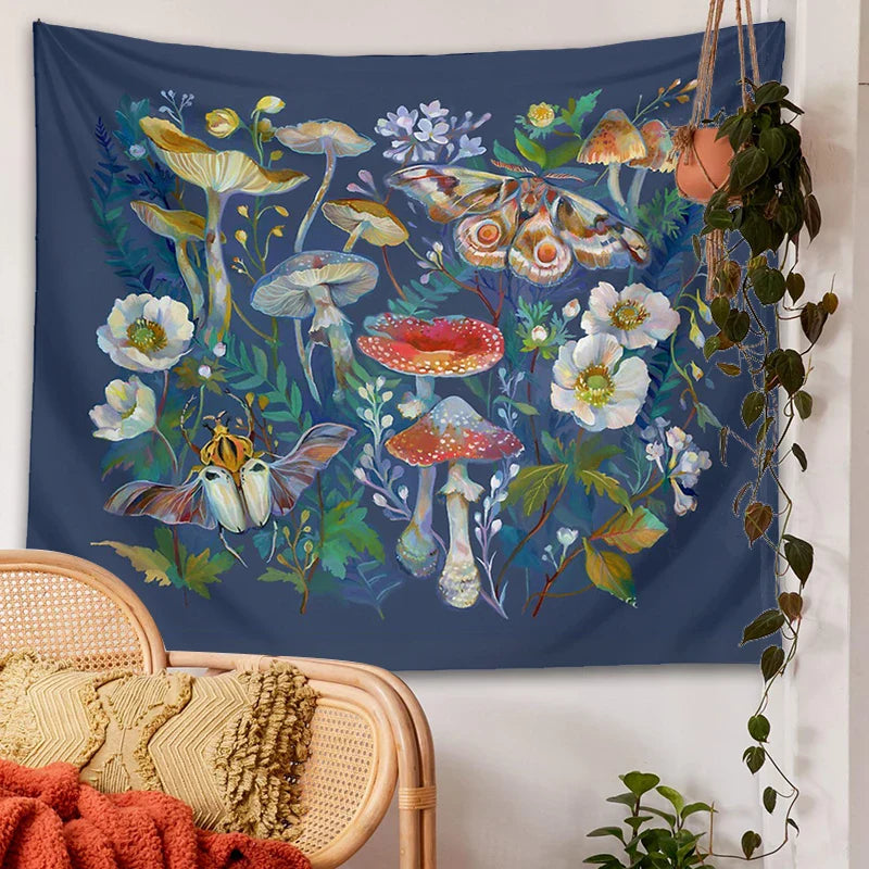 Afralia™ Mushroom Moth Garden Tapestry: Boho Psychedelic Wall Hanging for Botanical Bedroom Decor