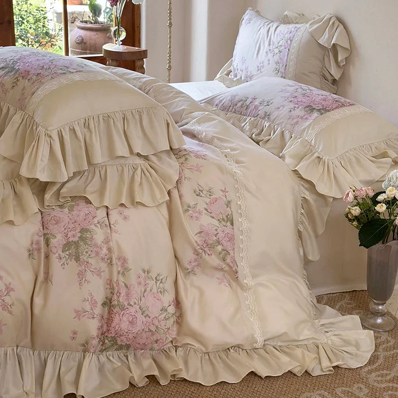 Afralia™ Vintage French Pastoral Lace Ruffles Bedding Set: Duvet Cover, Bed Sheet, 2 Pillowcases