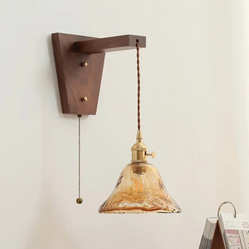 Afralia™ Walnut Copper LED Wall Lamp Sconce with Pull Chain Switch, Nordic Stair Light Fixtures