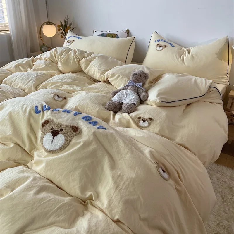 Afralia™ Lovely Bear & Sheep Embroidered Bedding Set - Duvet Cover, Sheets, Pillowcase