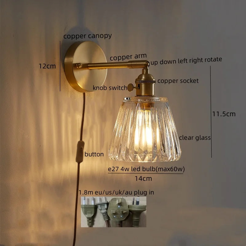 Afralia™ Copper Glass Knob Switch LED Wall Light, Nordic Modern Bedside Lamp