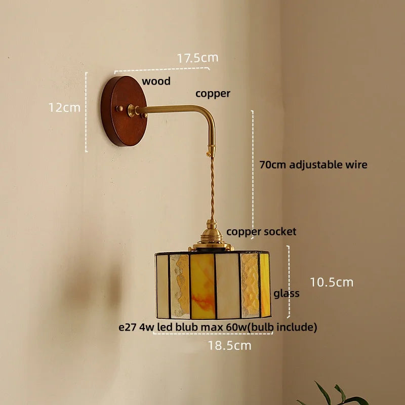 Afralia™ Ceramic LED Wall Light Copper Pull Chain Wood Base Modern Bedside Lamp