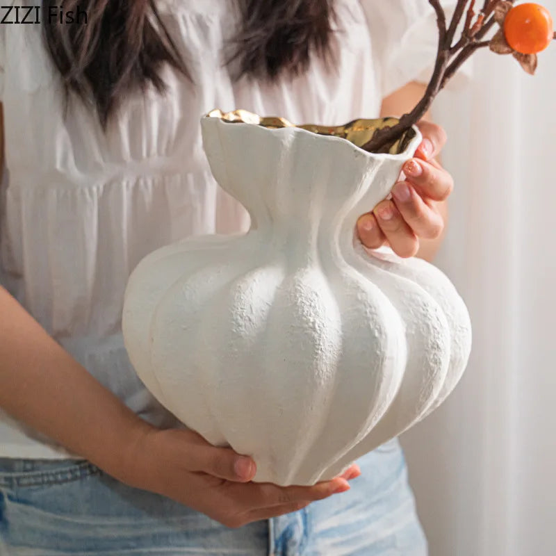 Afralia™ White Ceramic Vase Desk Decor Flowers Floral Porcelain Aesthetic Room Decor