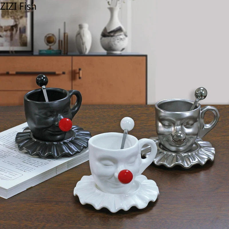 Afralia™ Joker Head Cup & Saucer Porcelain Coffee Mug Set - Clown Character Tea Teacup