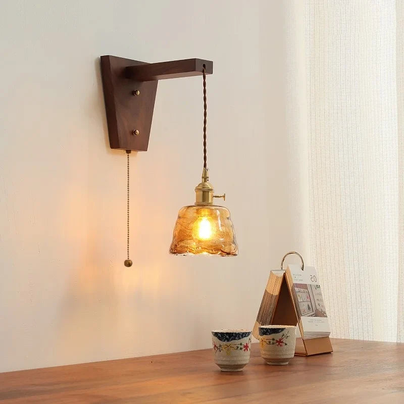 Afralia™ Walnut Copper LED Wall Lamp Sconce with Pull Chain Switch, Nordic Stair Light Fixtures