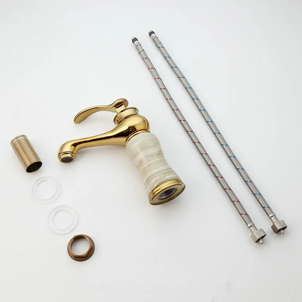 Afralia™ Gold Plated Jade Bathroom Faucet with Brass Body Hot & Cold Water Mixer