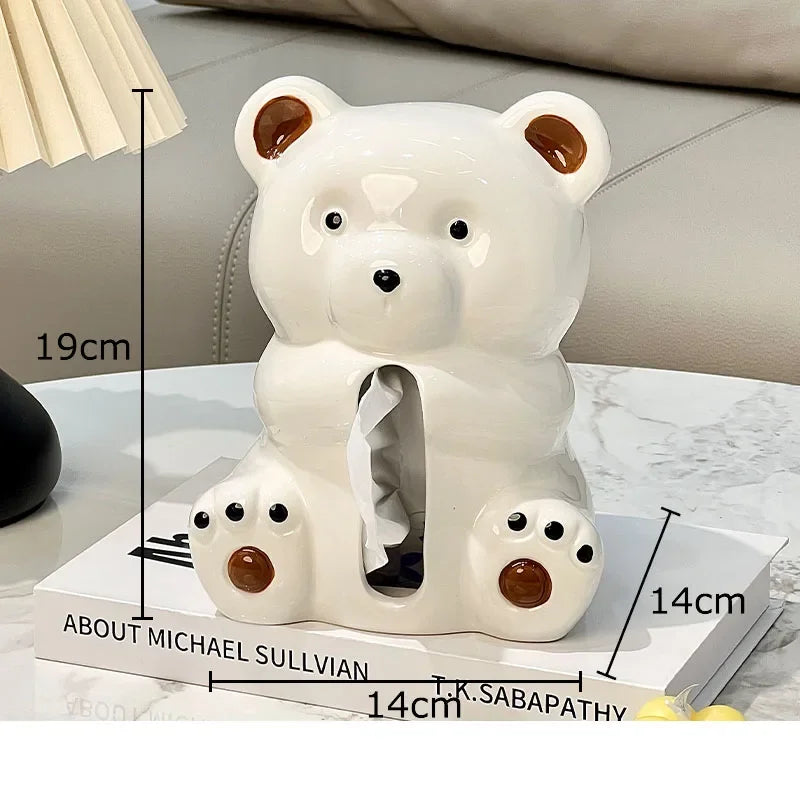 Afralia™ White Bear Ceramic Tissue Box: Cute Cartoon Bear Design for Coffee Table & Desk