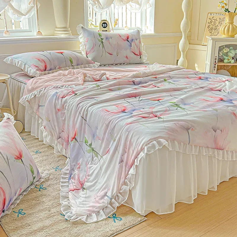 Afralia™ Floral Print Lace and Ruffle Summer Quilt: Skin-Friendly, Breathable Comforter