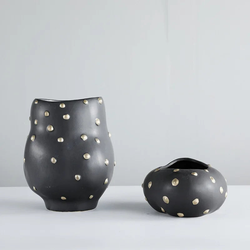 Afralia™ Black Resin Flower Pot Gold Accent Vase for Chic Home Decor